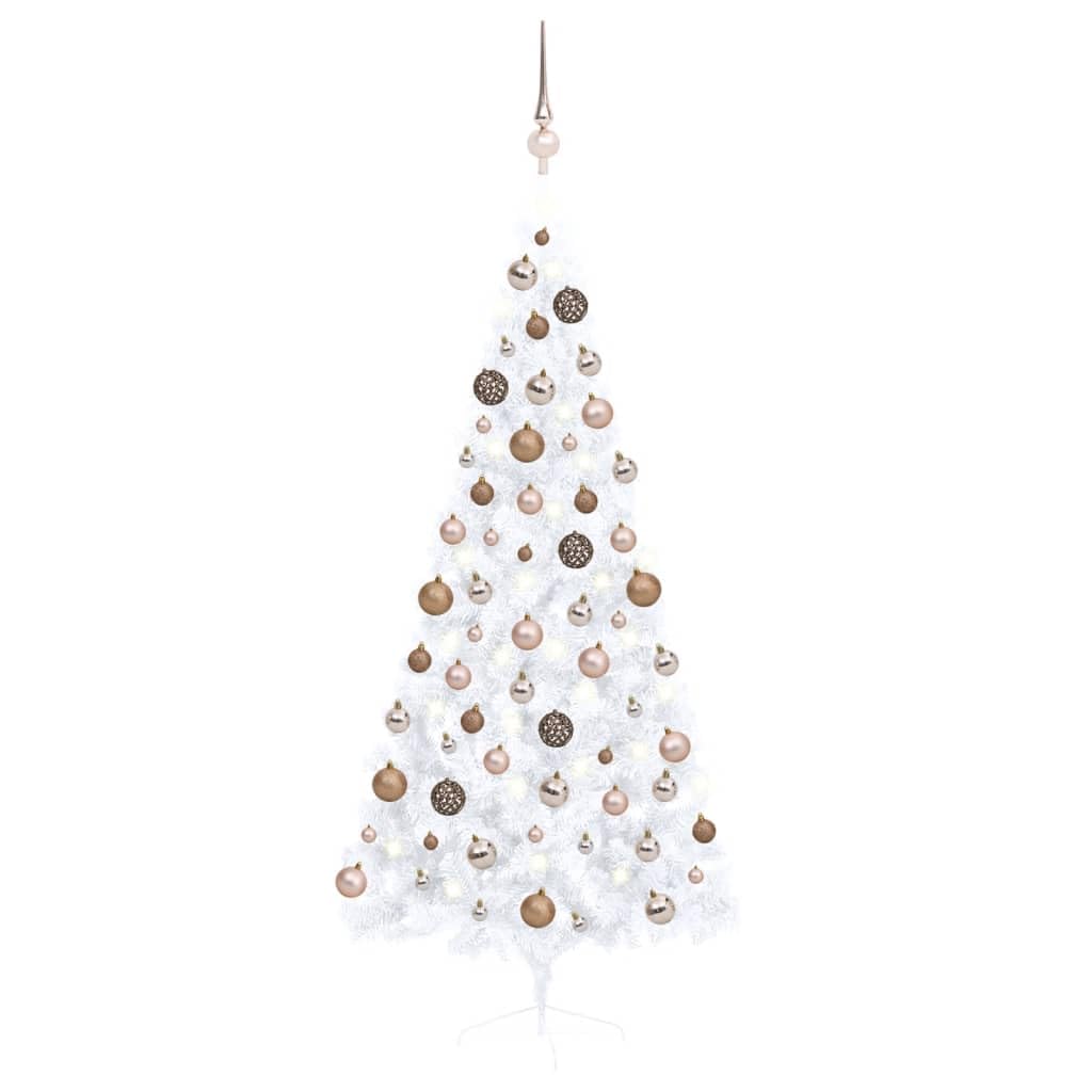 Vidaxl Half Artificial Christmas Tree With Led Lights And Ball Decoration Set, Pvc Material, White Tree And Rose Gold Decor, 70.9 Inches Height, Steel Stand Included