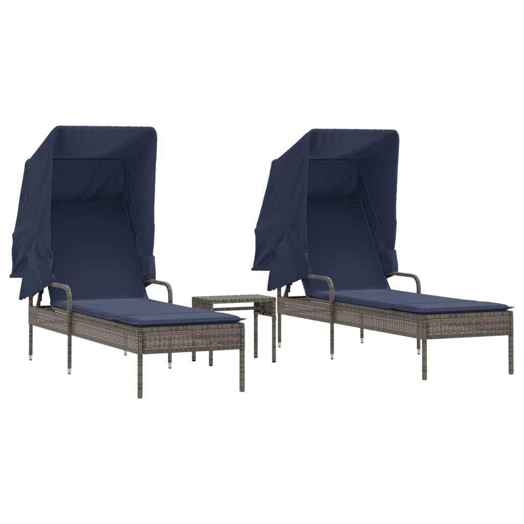 vidaXL Sun Loungers with Retractable Canopy and Table - Gray Poly Rattan Outdoor Recliners with Adjustable Backrest & Navy Blue Cushions - Perfect for Patio, Garden, Deck