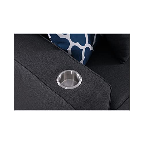 Lilola Home Cooper Dark Gray Linen 5Pc Sectional Sofa Chaise with Ottoman and Cupholder