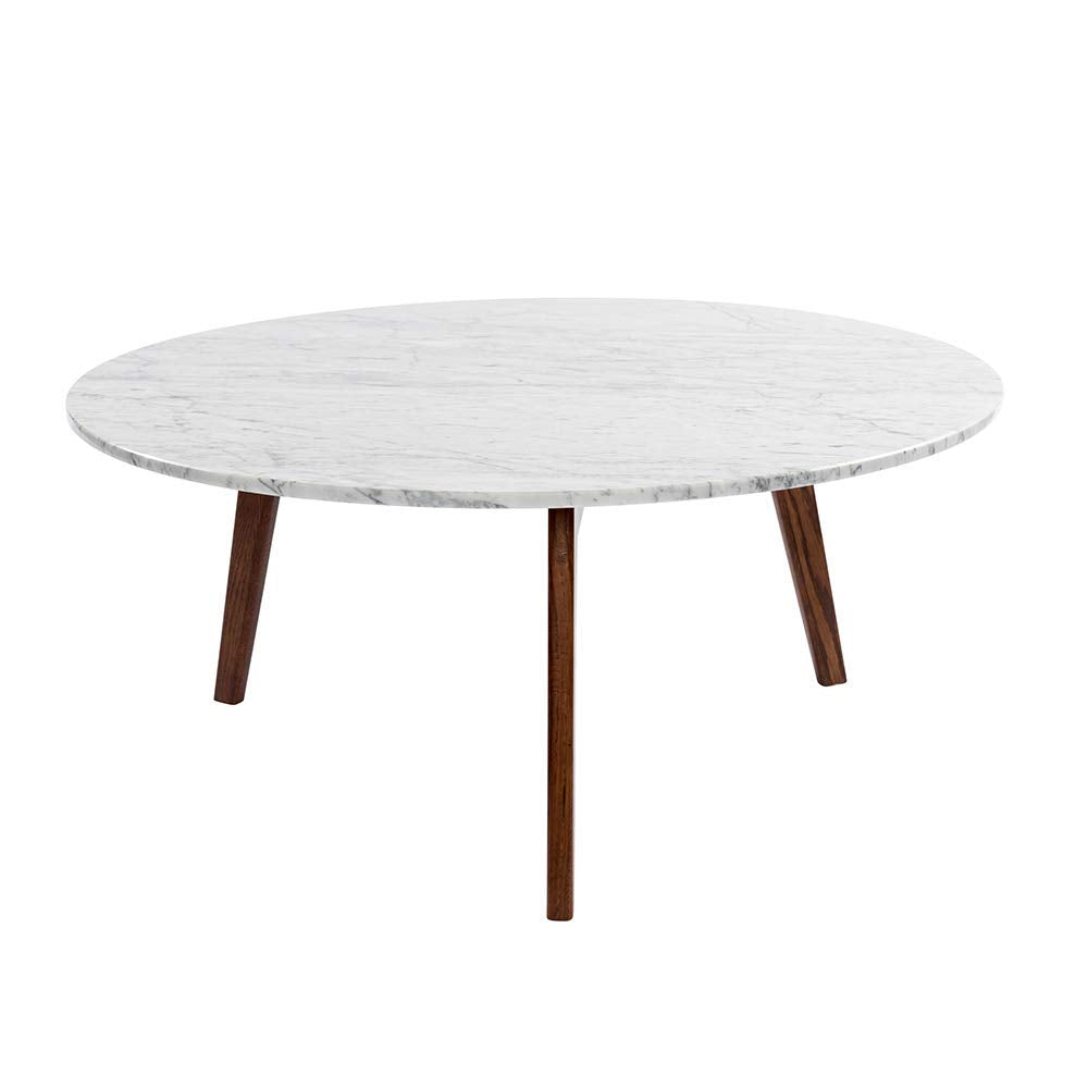 The Bianco Collection Stella 31&quot; Round Italian Carrara White Marble Coffee Table with Walnut Legs