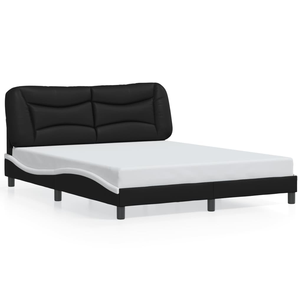 vidaXL Black and White Faux Leather Queen Bed Frame - Plywood Slats, PP Fiber Headboard Cushion, Wave Design, 59.8"x79.9"