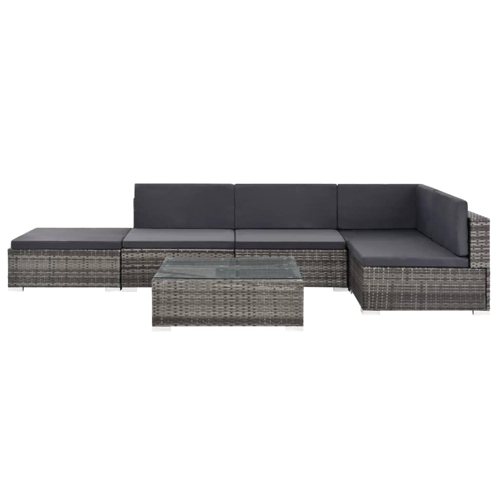 vidaXL Patio Lounge Set - 6-Piece Poly Rattan Gray Sectional Sofa Set with Coffee Table and Ottoman - Comfortable Outdoor Seating with Cushions