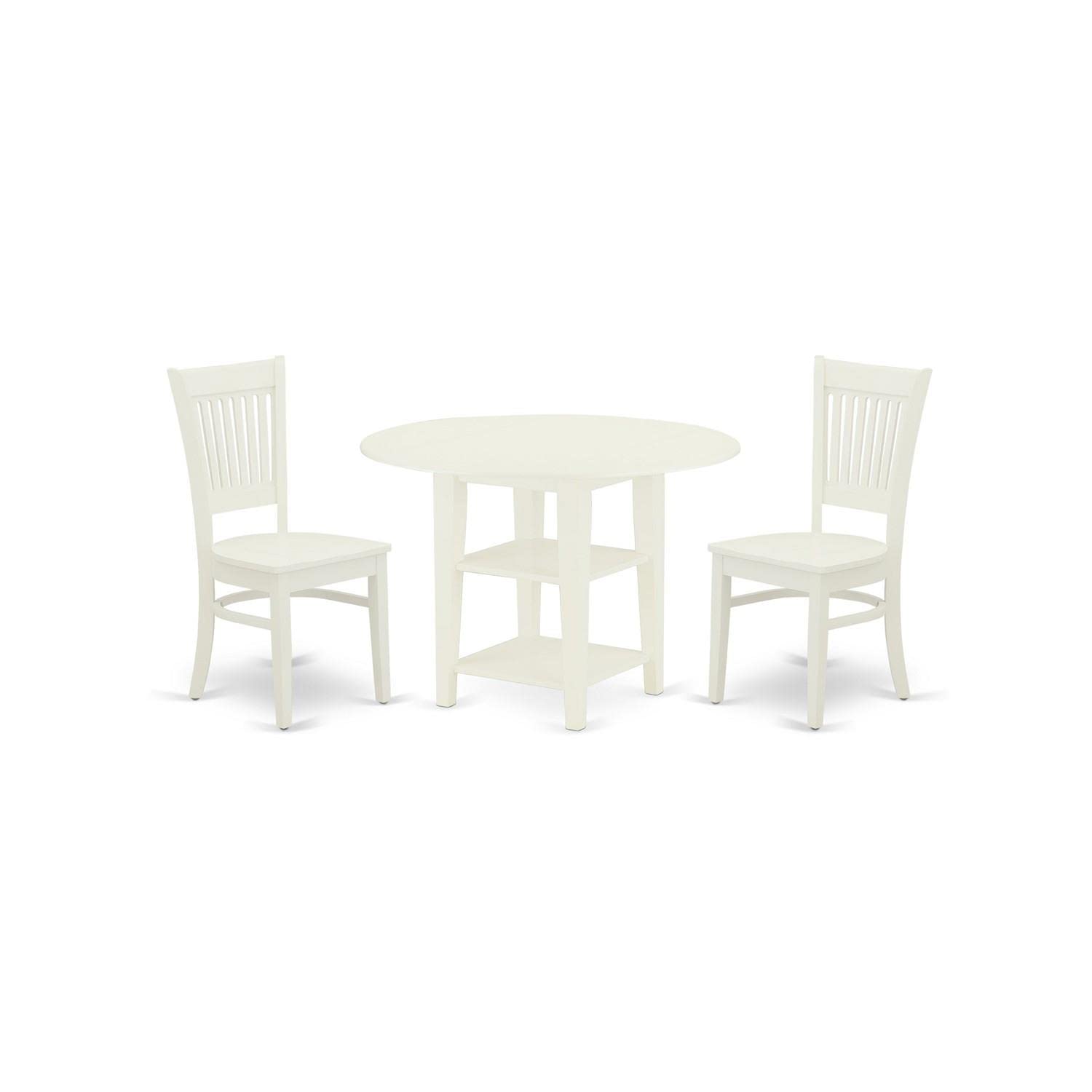 East West Furniture Suva3-Lwh-W 3 Piece Set For Small Spaces Contains A Round Dining Room Table With Dropleaf & Shelves And 2 Wood Seat Chairs, 42X42 Inch, Linen White