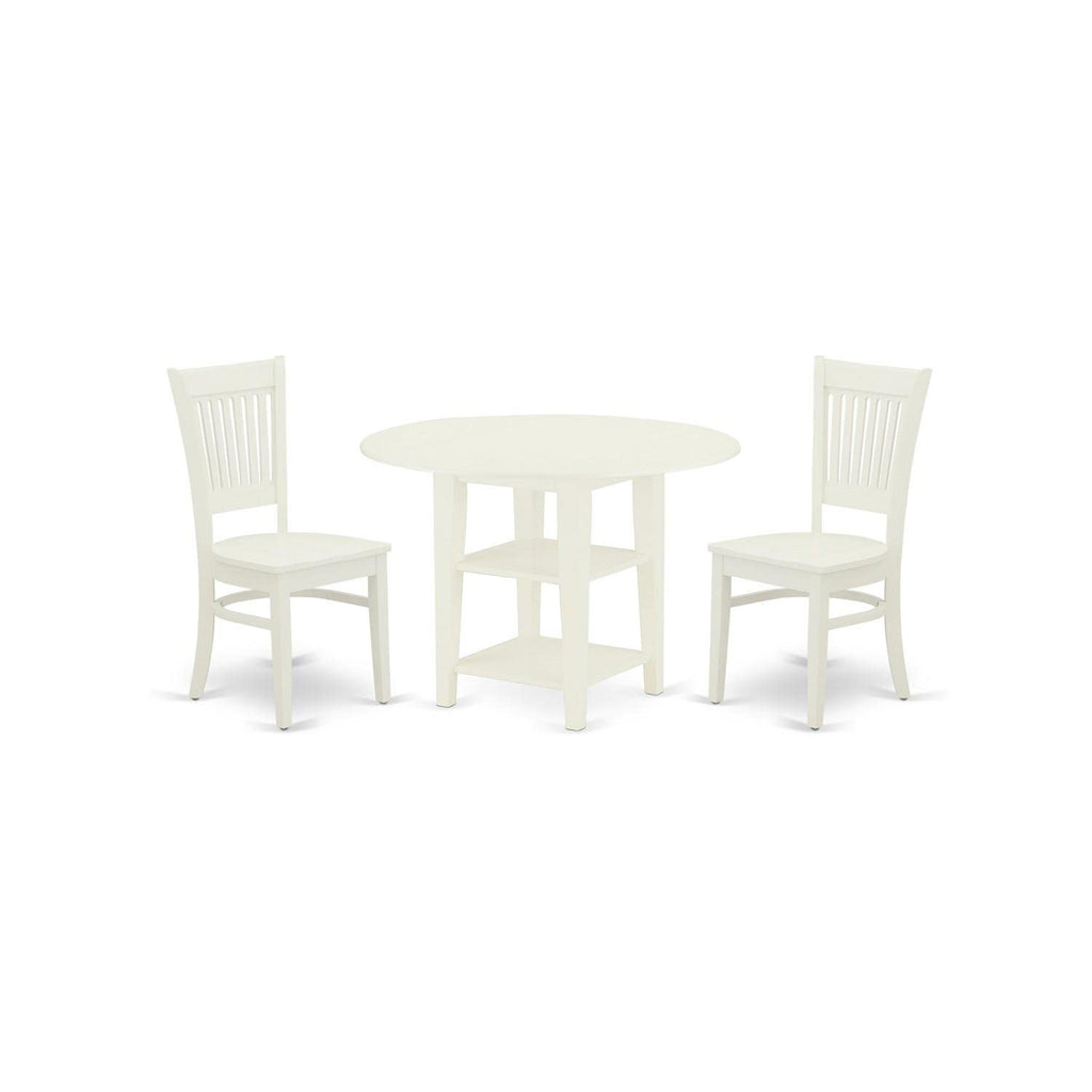 East West Furniture Suva3-Lwh-W 3 Piece Set For Small Spaces Contains A Round Dining Room Table With Dropleaf & Shelves And 2 Wood Seat Chairs, 42X42 Inch, Linen White
