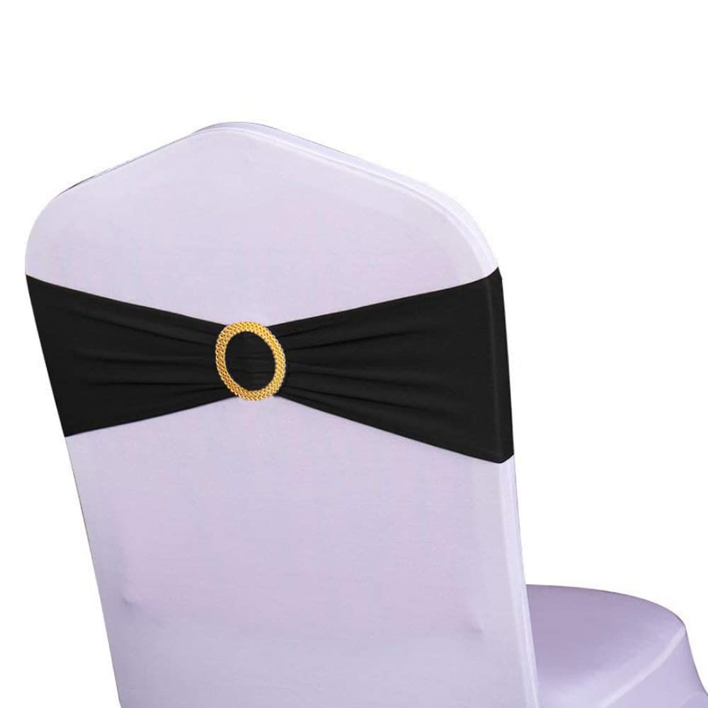 Wensinl Pack Of 50 Spandex Black Chair Sashes With Gold Buckles, Stretch Chair Sashes For Wedding Party Baby Shower Ceremony Eve