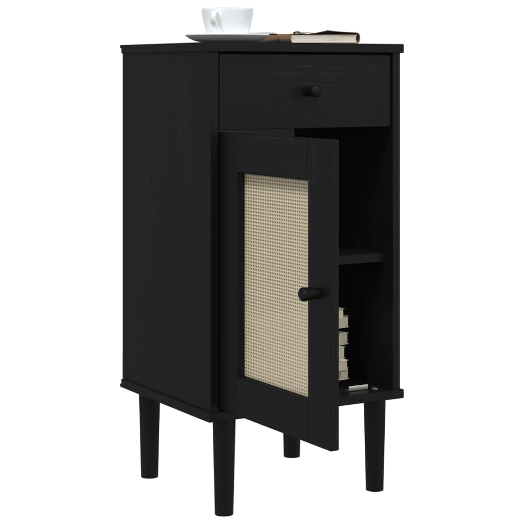 vidaXL SENJA Bedside Cabinet - Black Solid Pine Wood with UV Varnish, Poly Rattan Door, Storage Drawer & Compartments