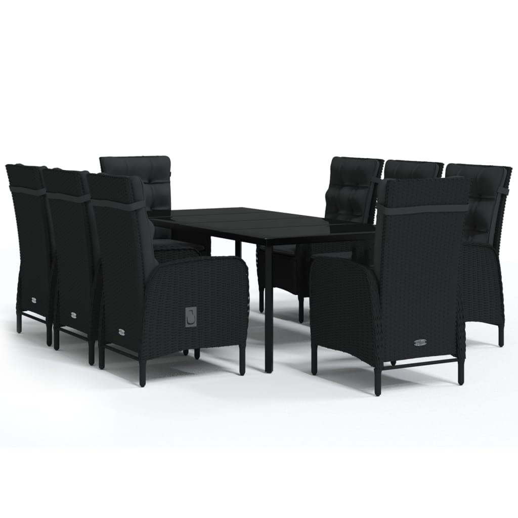 vidaXL 9-Piece Patio Dining Set - Black PE Rattan, Powder-Coated Steel, Glass Table Top, Acacia Wood Accents, Cushioned Chairs