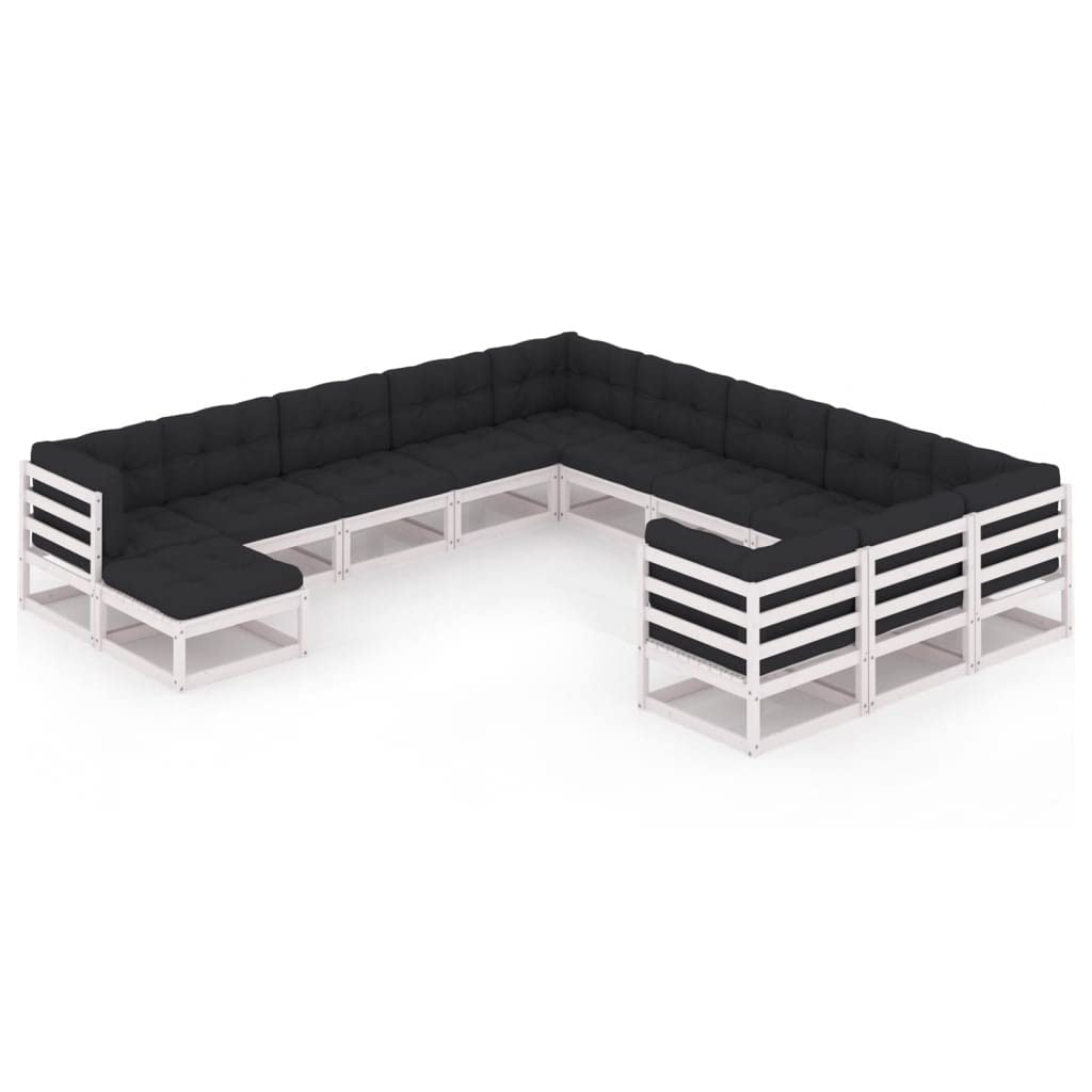 vidaXL Solid Pinewood Patio Lounge Set with Cushions 12 Piece Wooden Lounge Set Garden Outdoor Sofa Seat Sitting Lounger Furniture White