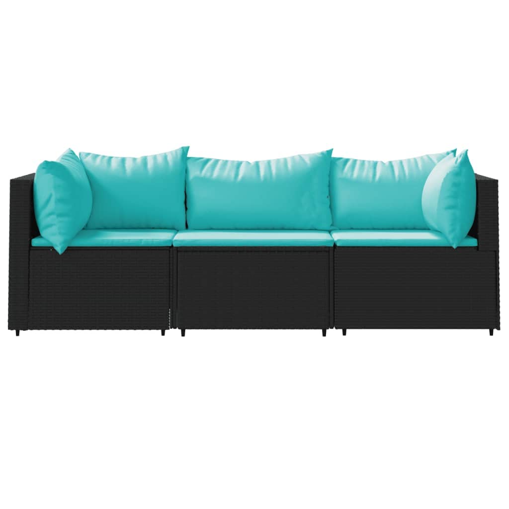 vidaXL Black Poly Rattan 3 Piece Patio Lounge Set with Water Blue Cushions - Outdoor Weather-Resistant Modular Sofa Set with Sturdy Powder-Coated Steel Frame