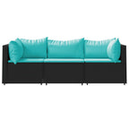 vidaXL Black Poly Rattan 3 Piece Patio Lounge Set with Water Blue Cushions - Outdoor Weather-Resistant Modular Sofa Set with Sturdy Powder-Coated Steel Frame
