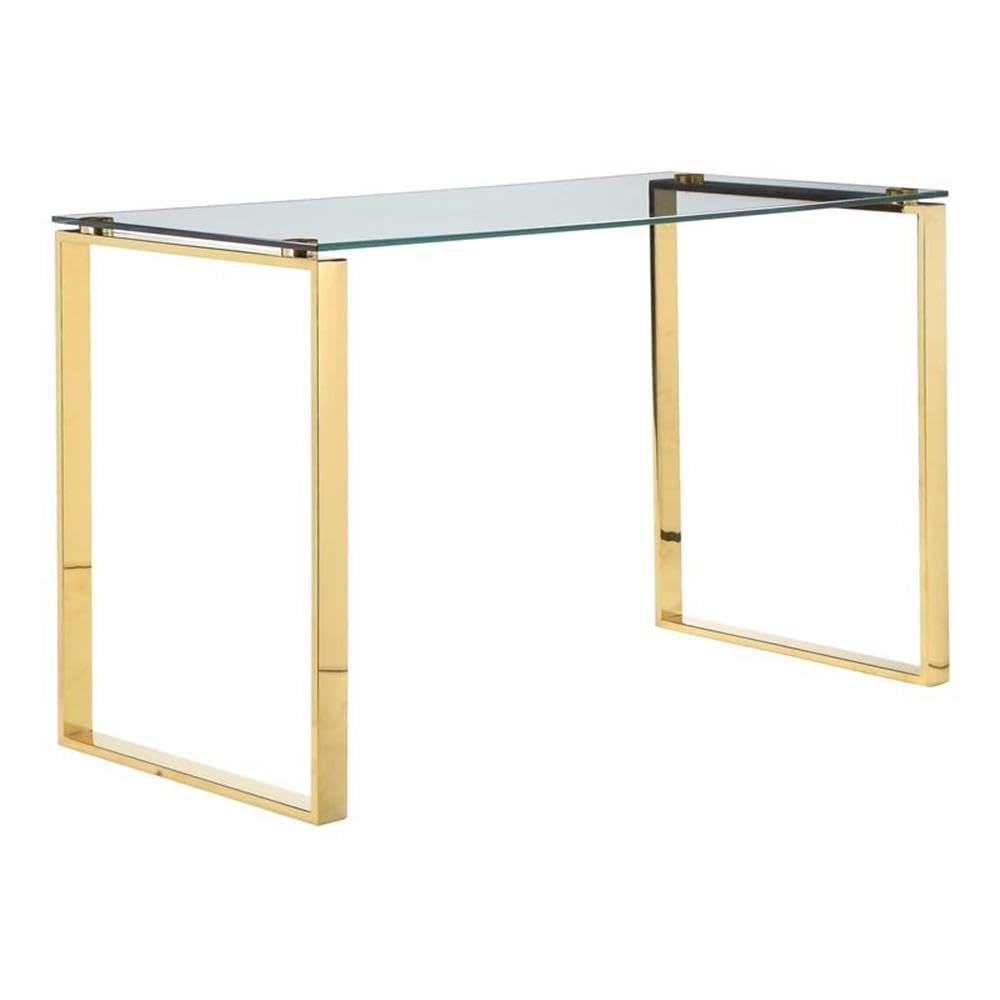 Pangea Home Helen Modern High Polished Steel Metal & Tempered Glass Desk In Gold