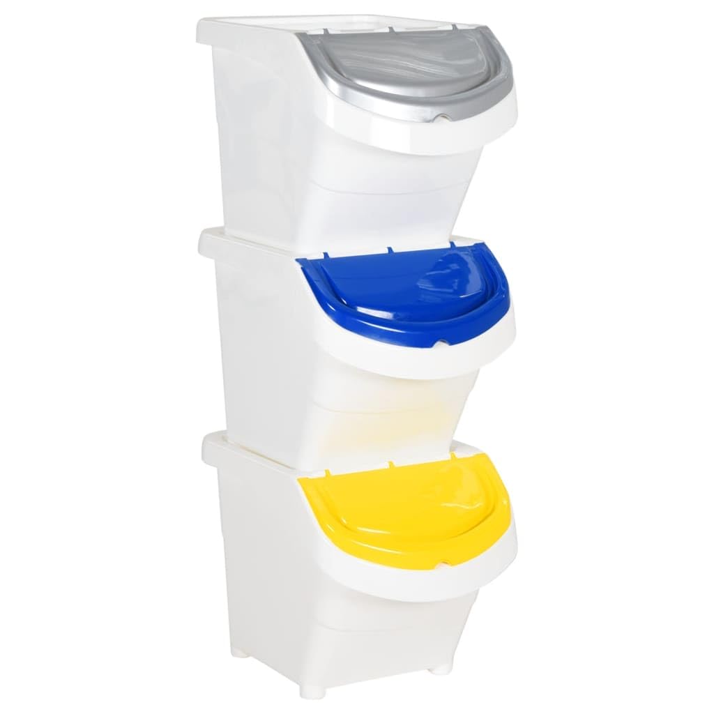 vidaXL Stackable Waste Bins in White Polypropylene Material - Set of 3, 20.6 Gallon Each, Detachable Lids, Compact Space Saving Design for Efficient Waste Management, Ideal for Office and Home Use