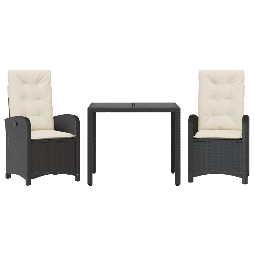 vidaXL 9 Piece Patio Dining Set - Reclining Chairs & Tempered Glass Table - Black PE Rattan, Cream Cushions
