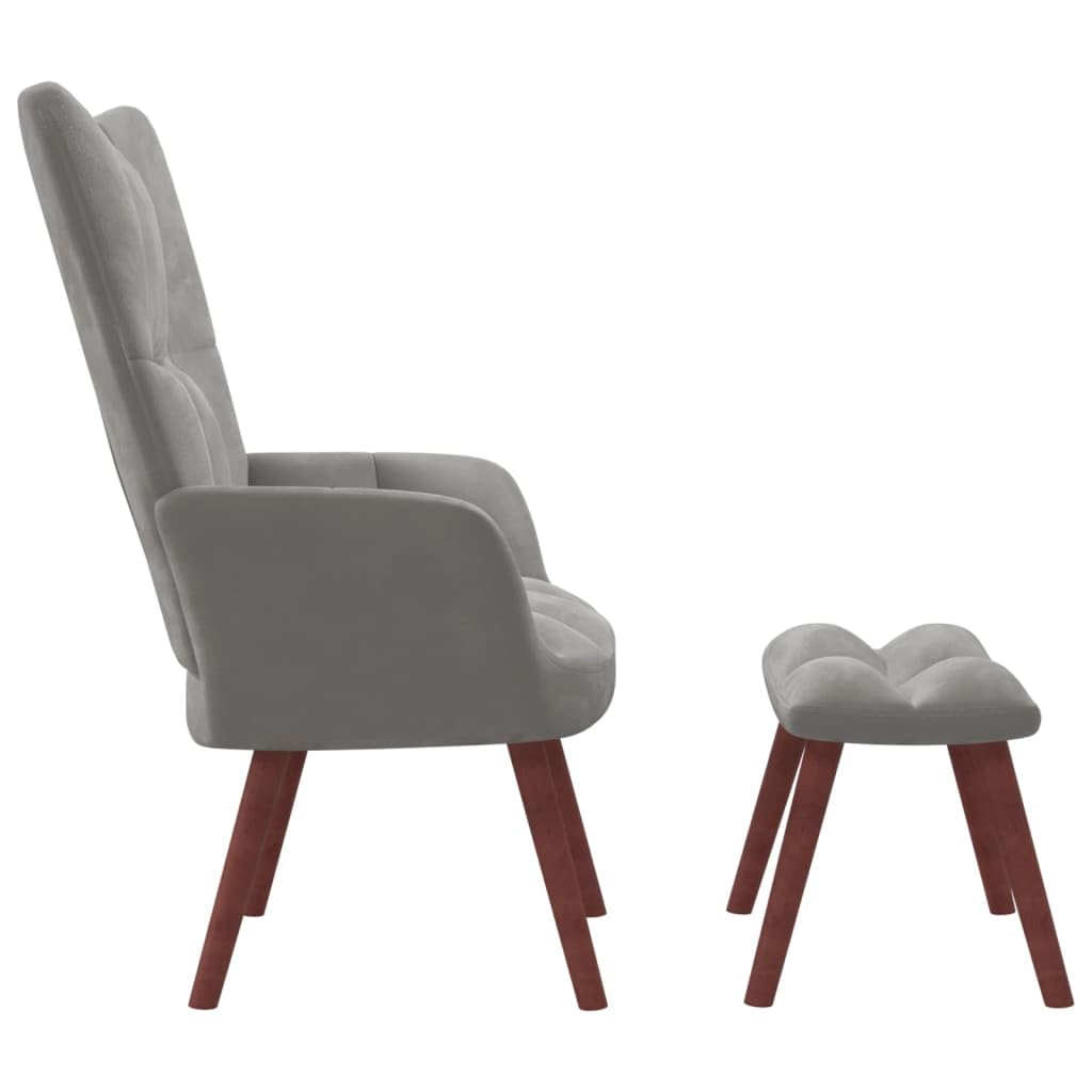 vidaXL Relaxing Chair and Stool Set - Light Gray Velvet Upholstery with Steel Frame and Solid Rubber Wood Legs - Modern Home Seating Furniture