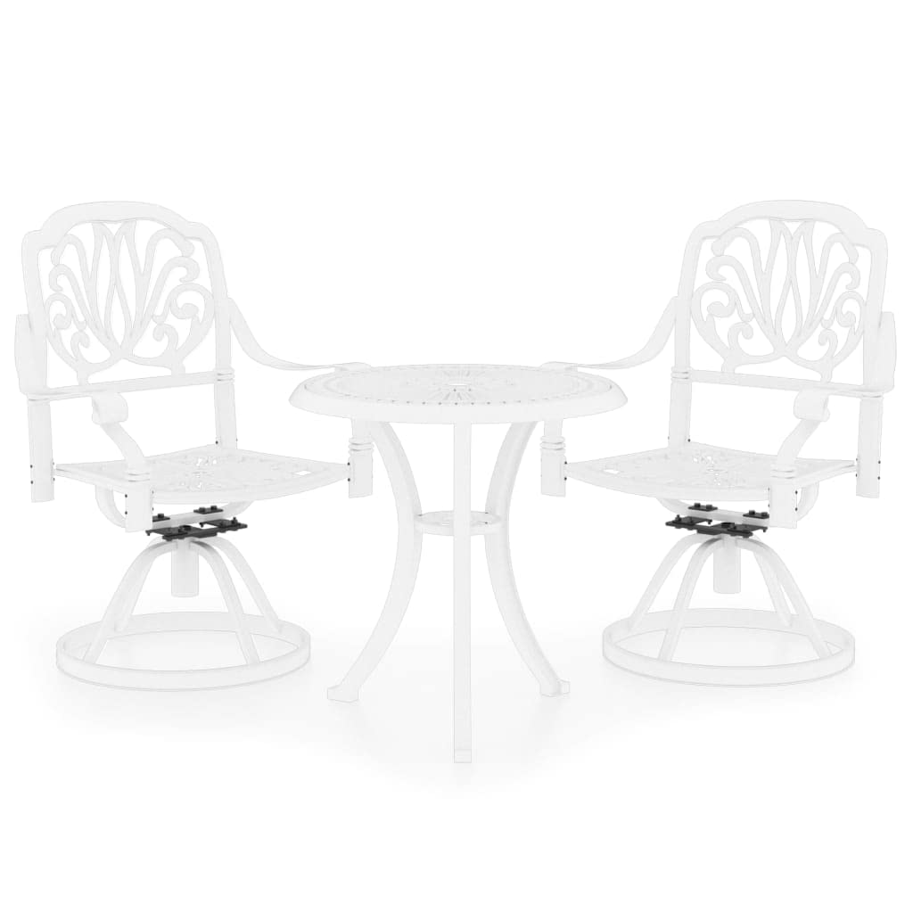 vidaXL White Bistro Set - 3-Piece Outdoor Cast Aluminum Garden Chairs and Table - Elegant Weatherproof Patio Furniture, Easy Swivel Motion and Umbrella Hole Provision