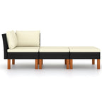 vidaXL 3 Piece Patio Lounge Set - PE Rattan and Eucalyptus Wood Construction - Comfortable Cushions - Easy-to-Clean, Washable Cushion Covers - Lightweight Design - Ideal for Outdoors, Black