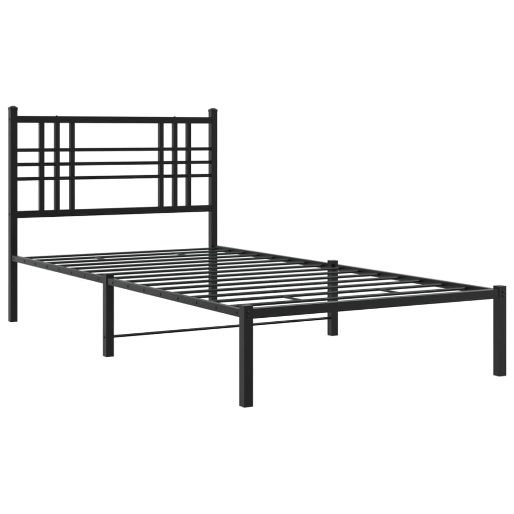 vidaXL Single Metal Bed Frame with Headboard - Black Steel Construction, 39.4x78.7, Under-Bed Storage, Modern Bedroom Furniture