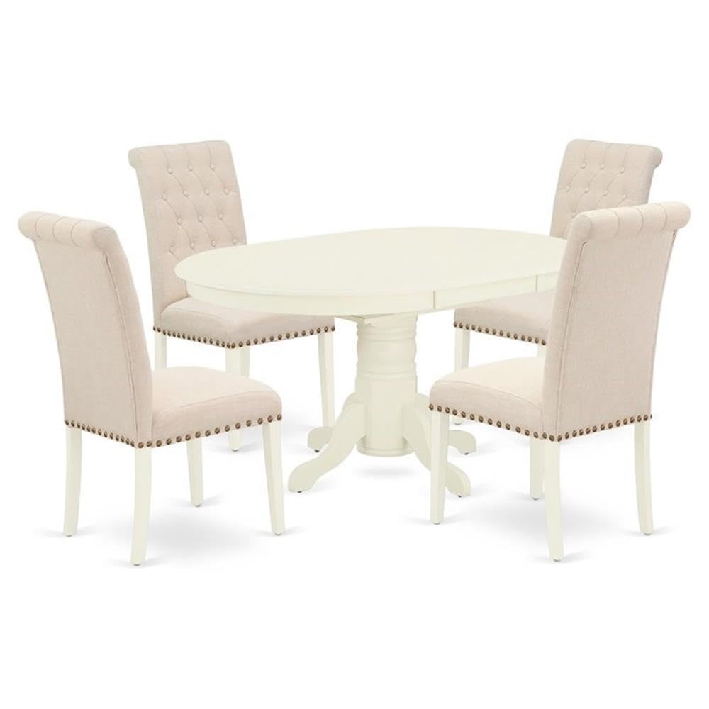 East West Furniture Avbr5-Lwh-02 5 Piece Dining Table Set For 4 Includes An Oval Kitchen Table With Butterfly Leaf And 4 Light Beige Linen Fabric Parsons Chairs, 42X60 Inch, Linen White