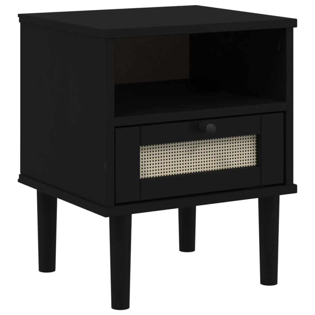 vidaXL SENJA Rattan Look Bedside Cabinet - Black Solid Pine Wood with UV Varnish Finish - Modern Styled Bedroom Furniture