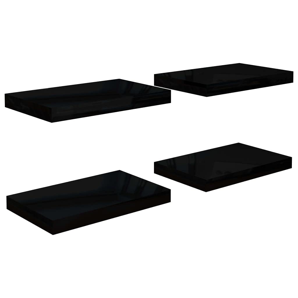 vidaXL Floating Wall Shelves, 4 pcs, High Gloss Black 15.7&quot;x9.1&quot;x1.5&quot;, MDF Material, Modern Black Wall Display Shelves with Invisible Mounting System