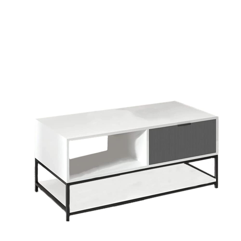 Lilola Home Watson White and Gray Wood Coffee Table Steel Frame with Shelves and Drawer