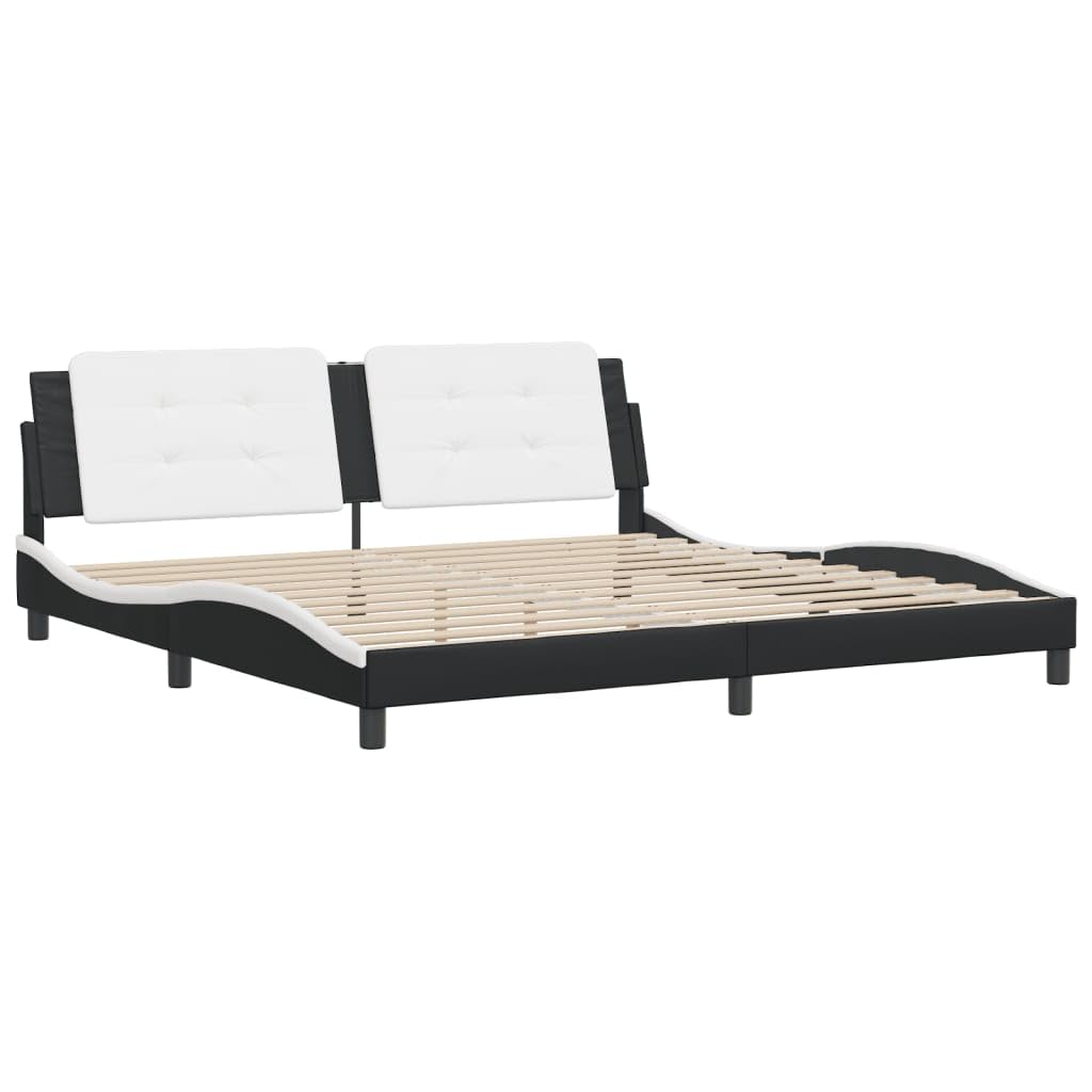 vidaXL King Size Bed Frame with Headboard - Black & White Faux Leather, Modern Waved Design, Plywood Slats, Foam Cushioned