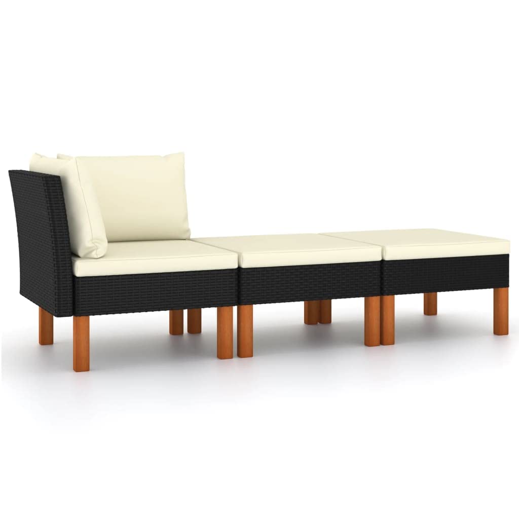 vidaXL 3 Piece Patio Lounge Set - PE Rattan and Eucalyptus Wood Construction - Comfortable Cushions - Easy-to-Clean, Washable Cushion Covers - Lightweight Design - Ideal for Outdoors, Black