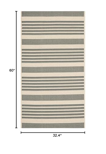 Safavieh Courtyard Collection Accent Rug - 2'7'' X 5', Grey & Bone, Stripe Design, Non-Shedding & Easy Care, Indoor/Outdoor & Wa