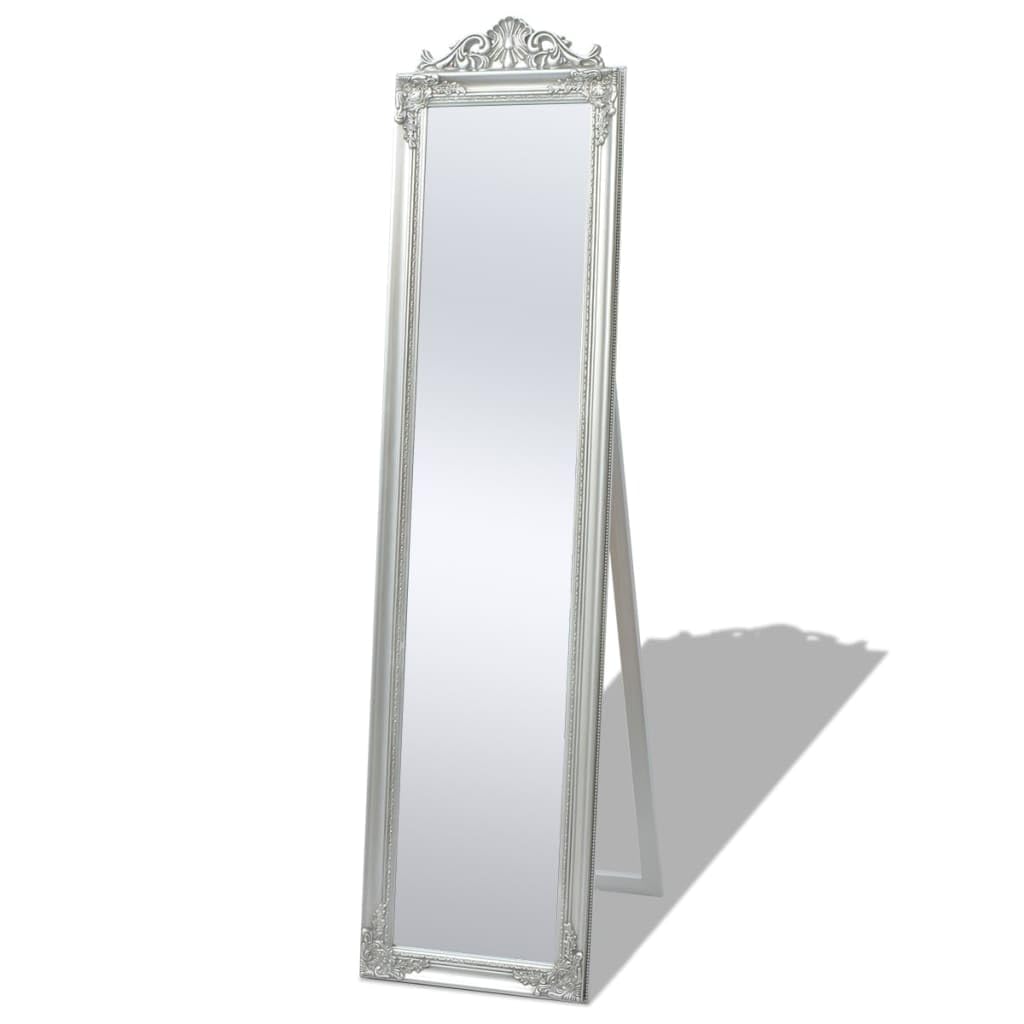 vidaXL Free-Standing Full-Length Mirror, Baroque Style, Ornate Wooden Frame, 63&quot;x15.7&quot;, Classic Vintage Design, Silver