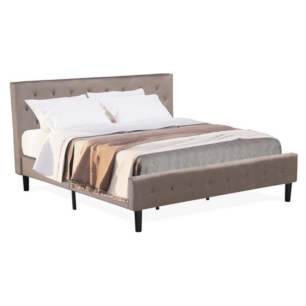 East West Furniture NLF-14-K Nolan Platform Bed Frame - Button Tufted Brown Taupe Velvet Fabric Upholstered Headboard & Footboard, Black Legs, King Size