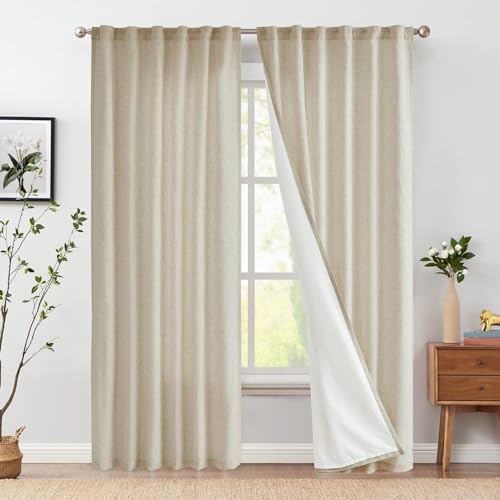 Jinchan Linen Blend Curtains 90 Inches Long For Living Room Oat Farmhouse Curtains With Lined Rod Pocket Back Tab Light Filtering Window Curtains With Lined For Bedroom Curtains 2 Panels, Oat