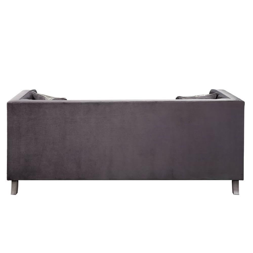 Acme Hegio Velvet Tufted Nail-Head Trim Sofa with 2 Pillows in Gray