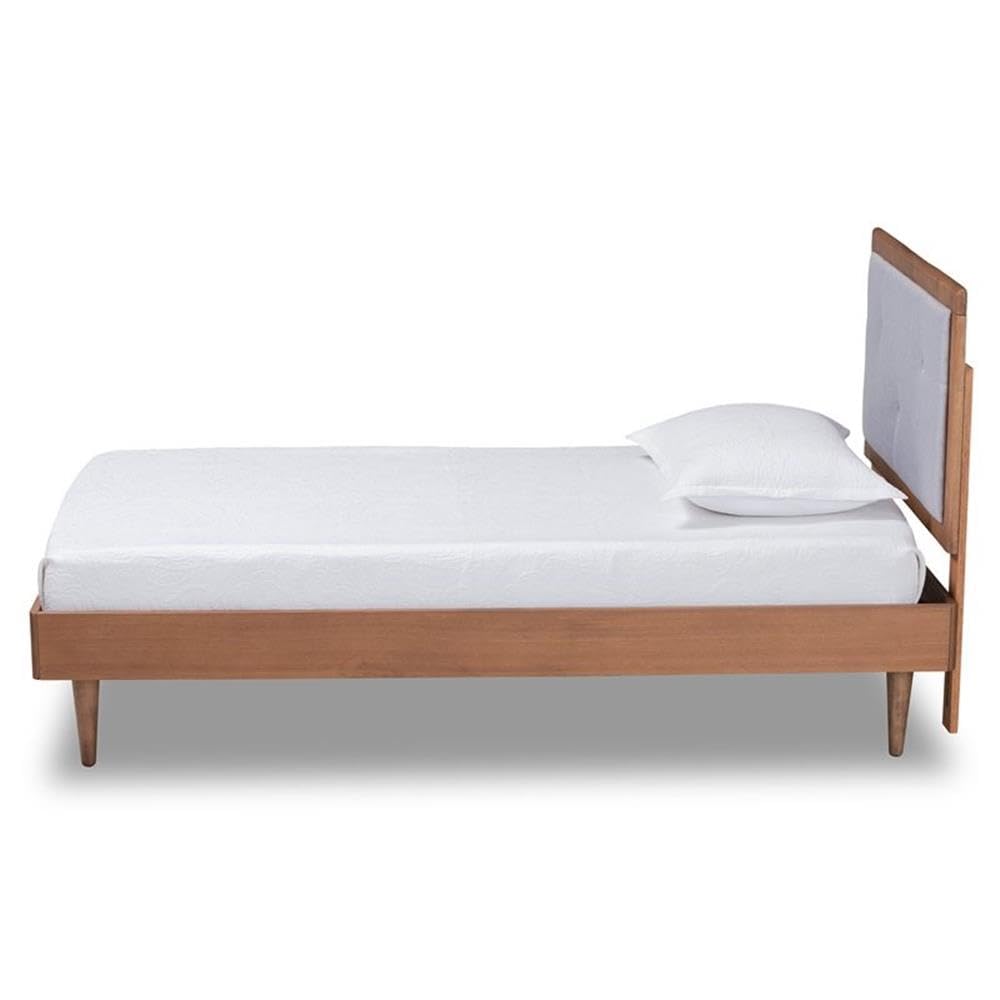 Baxton Studio Saul Mid-Century Modern Light Grey Fabric Upholstered and Walnut Brown Finished Wood Twin Size Platform Bed