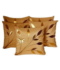 Msenterprises Floral Leaf Design Silk Cushion Covers With Zipper | Golden | 16 X 16 Inch | Set Of 5