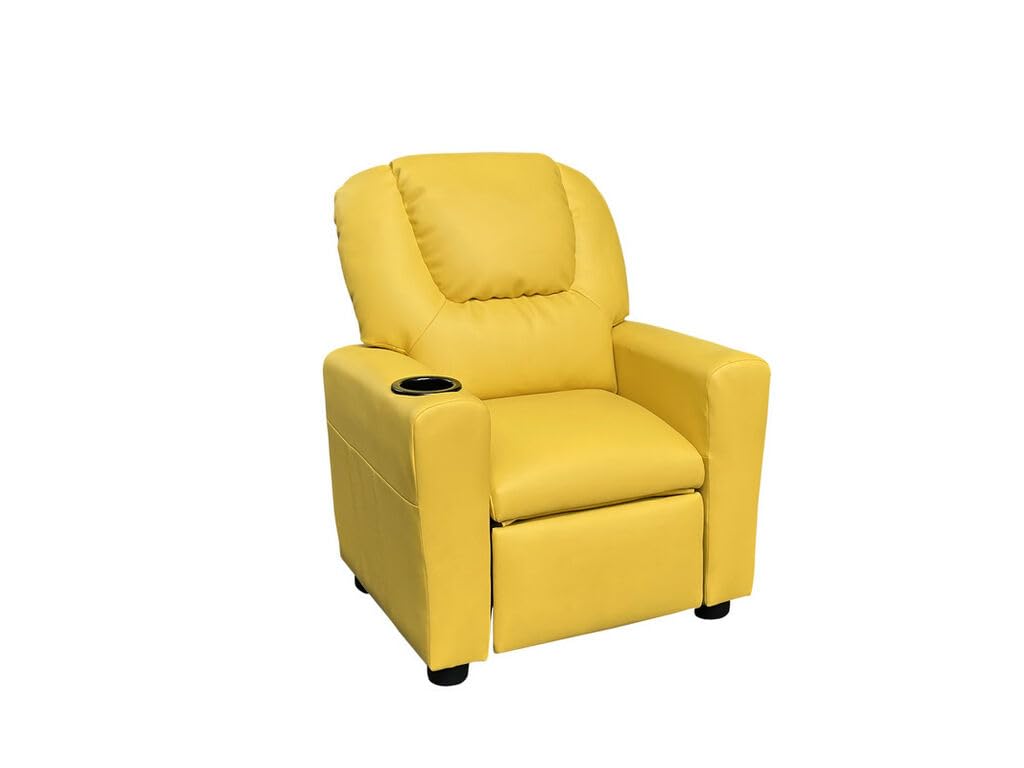 Lilola Home Marisa Yellow PU Leather Kids Recliner Chair with Cup Holder