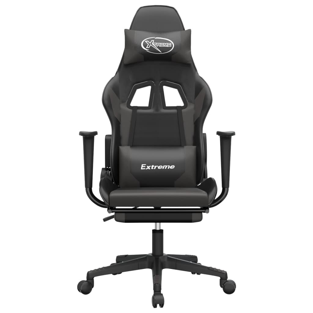 vidaXL Adjustable Gaming Chair - Black and Gray, Faux Leather, Ergonomic Design, 360-Degree Swivel, Rolling Castors, Reclining Backrest and Footrest