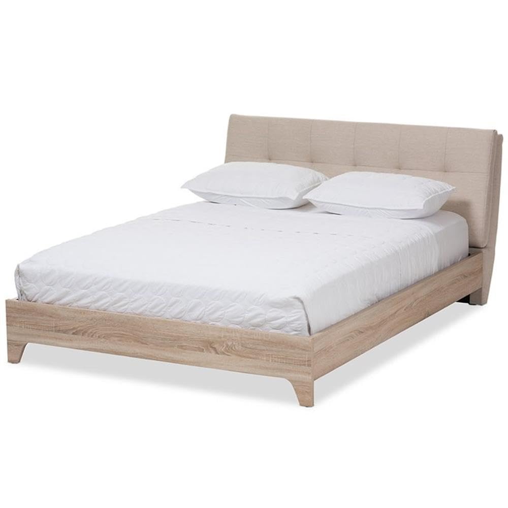 Baxton Studio Adelia Mid-Century Light Beige Whitewash Queen Size Platform Bed