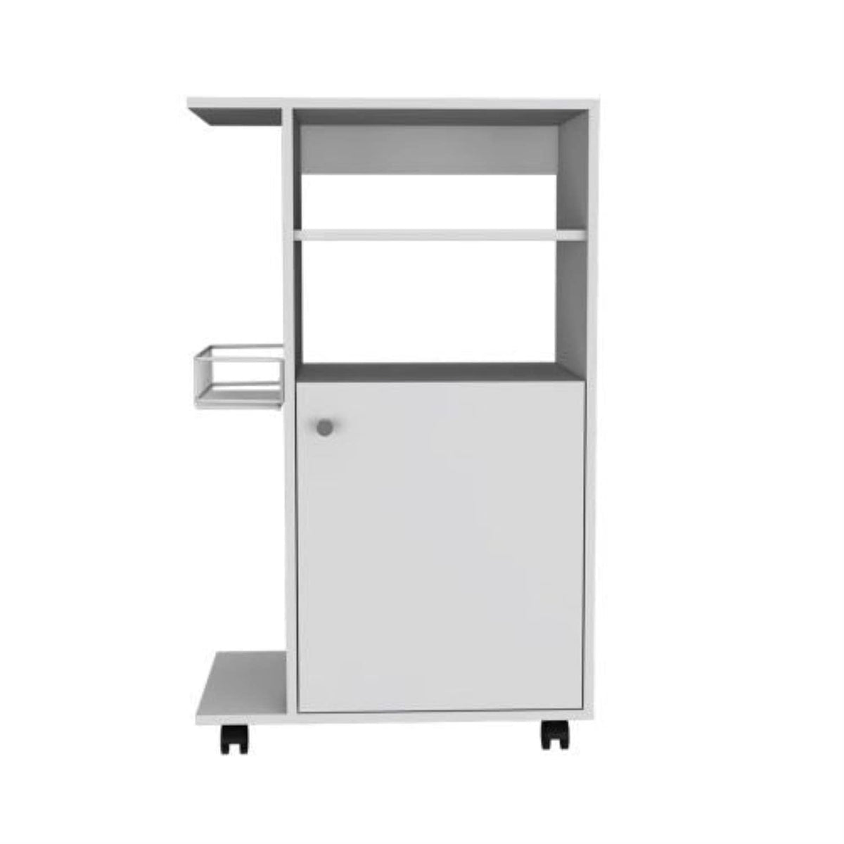 Modern Kitchen Cart 39&quot; H, Single Door Cabinet, 4 Wheels, 1 Side Shelf, White