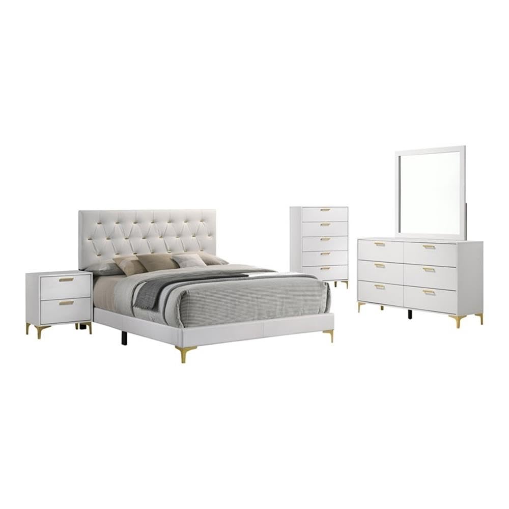 Coaster Home Furnishings Kendall 5-Piece Modern Bedroom Set California King Size Upholstered Tufted Bed Frame Velvet Upholstery Nightstand Dresser Mirror And Chest White 224401Kw-S5