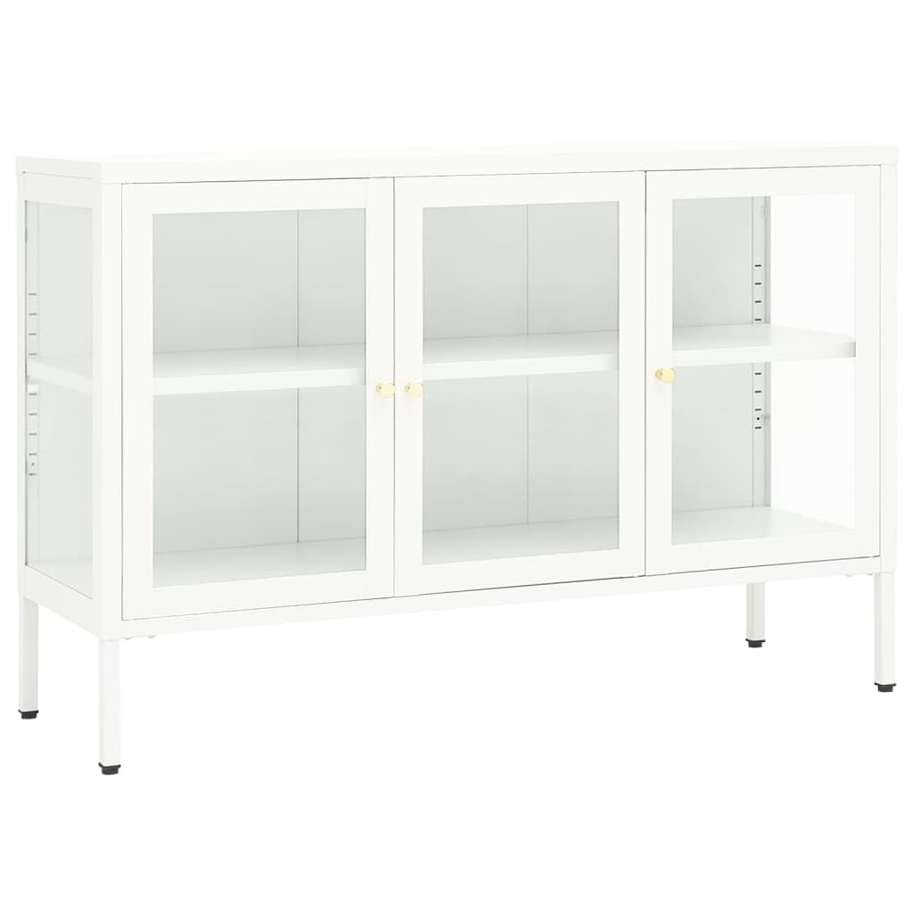 vidaXL White Modern Sideboard, Steel and Glass Material, Feature Adjustable Shelf and Feet, Ample Storage Space for Books, Magazines, Decorative Items