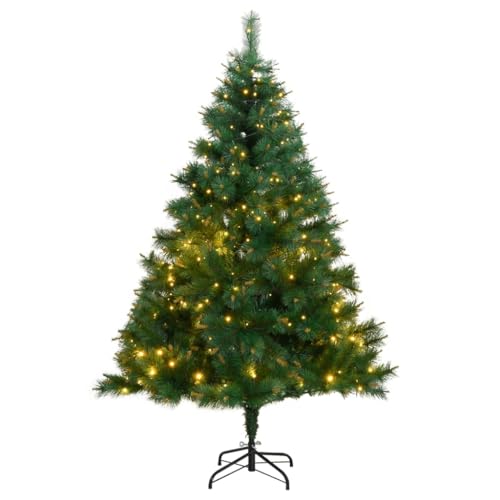 vidaXL Artificial Hinged Christmas Tree with 300 Warm White LEDs - Height 82.7&quot;, Green and Yellow Pine Tips, Durable Metal Stand