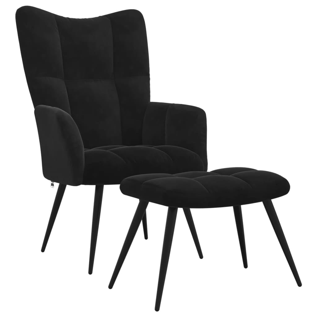 vidaXL Black Velvet Relaxing Chair with a Stool – Modern Designed, Comfortable Seating with Steel Frame