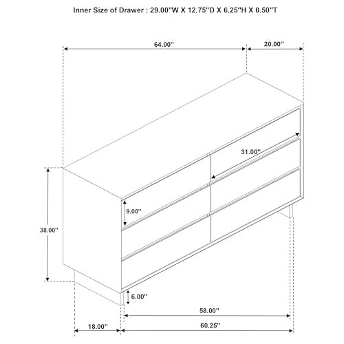 Coaster Home Furnishings Glenwood Transitional 64-inch 6-Drawer Bedroom Dresser Clothing Storage Cabinet Wide Chest of Drawers Organizer Unit Warm Brown 225013