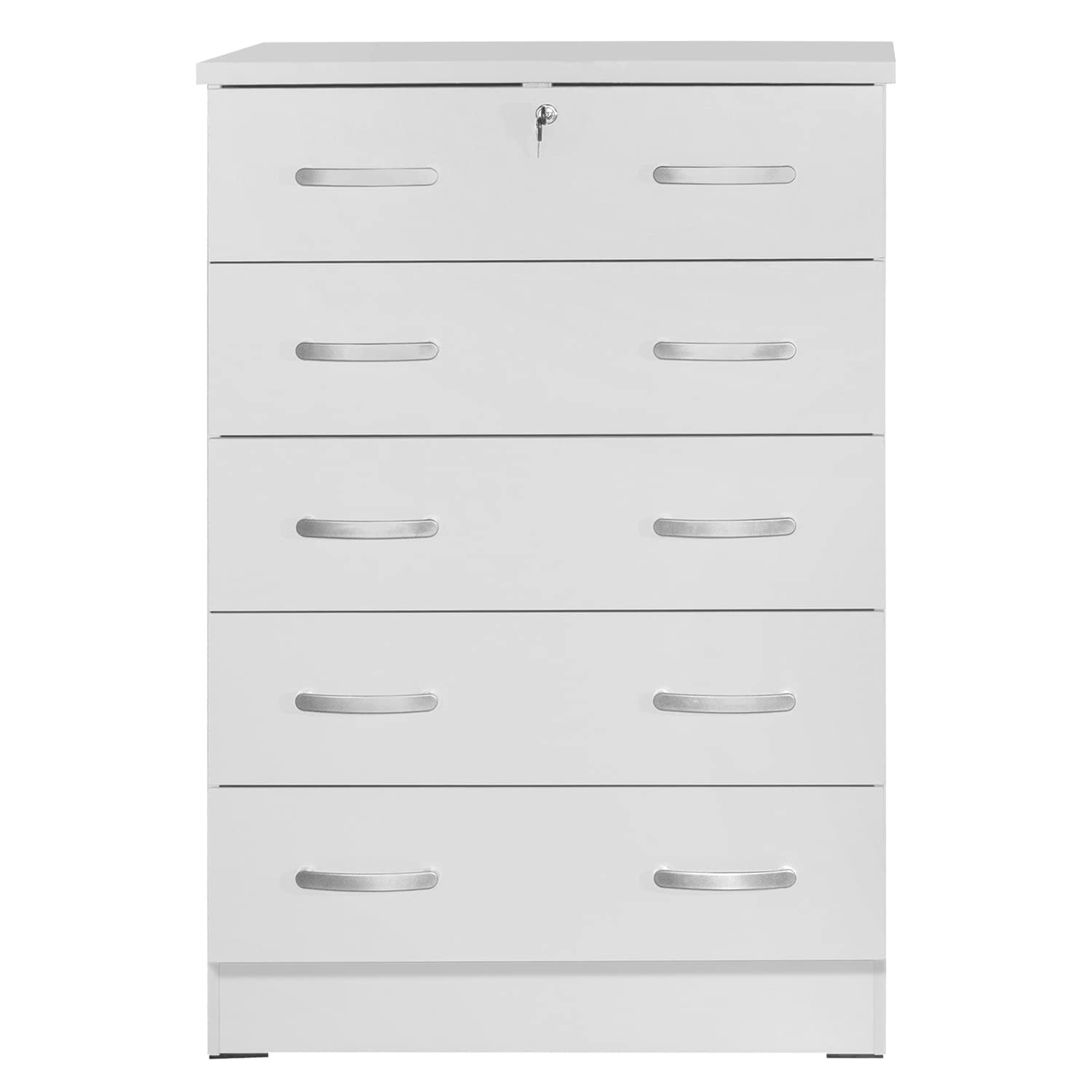 Better Home Products Cindy 5 Drawer Chest Wooden Dresser With Lock In White
