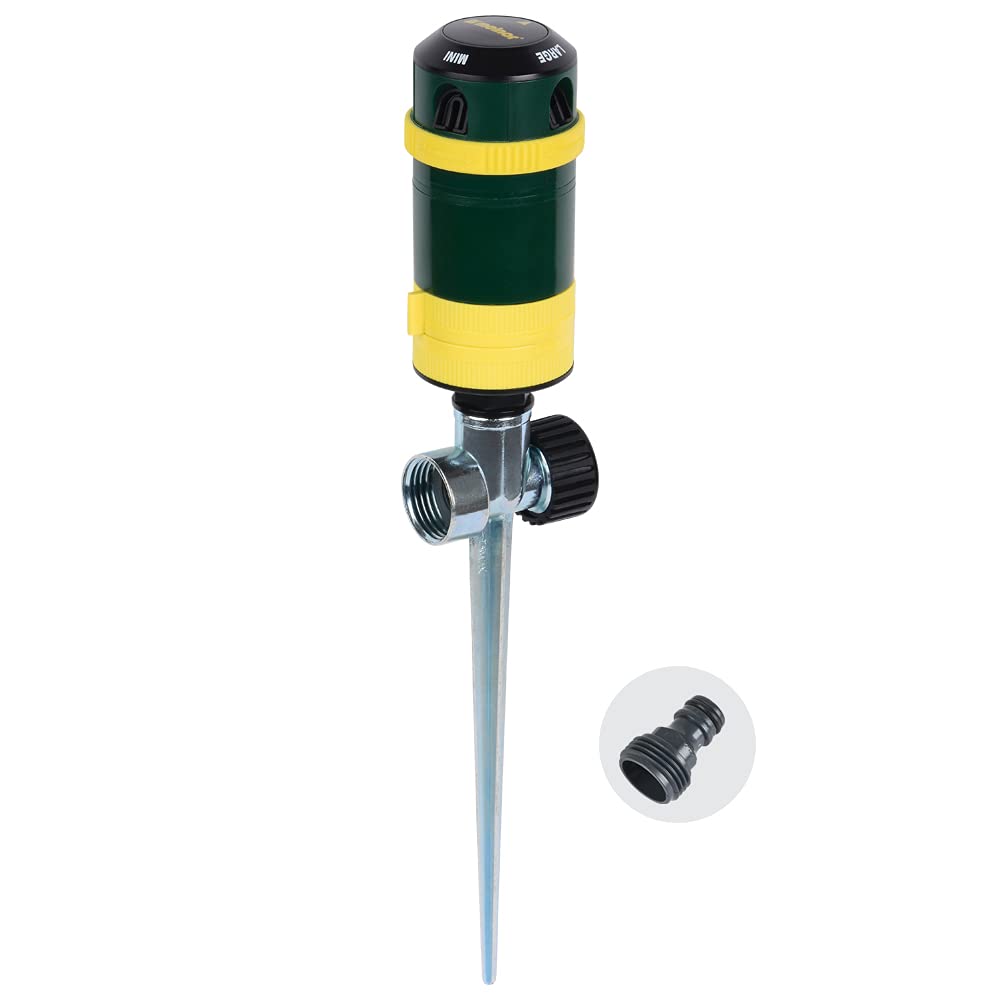 Melnor 65404Amz Turbo Rotary Sprinkler On Step Spike, 4-Pattern, Quickconnect Product Adapter, Green, Yellow