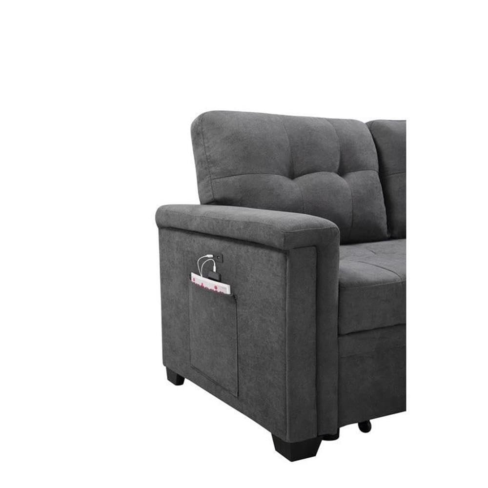 Lilola Home Kinsley Gray Woven Fabric Sleeper Sectional Sofa Chaise with USB Charger and Tablet Pocket