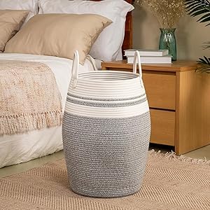 waqif Cotton Laundry Hamper Woven Rope Large & 25.6 Height Tall Storage Laundry Basket with Heavy Duty Cotton Rope Handles for