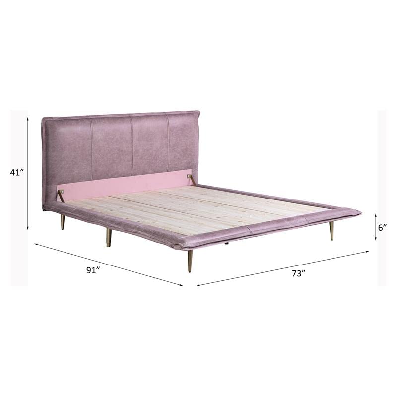Acme Metis Top Grain Leather Upholstered Queen Bed with Metal Legs in Pink