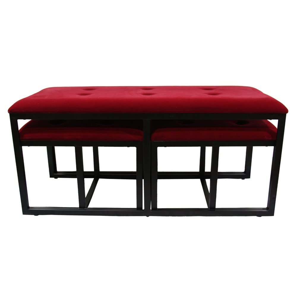 HomeRoots Red/Black Metal/Microfiber Modern Black and Red Metal Three Piece Bench Set