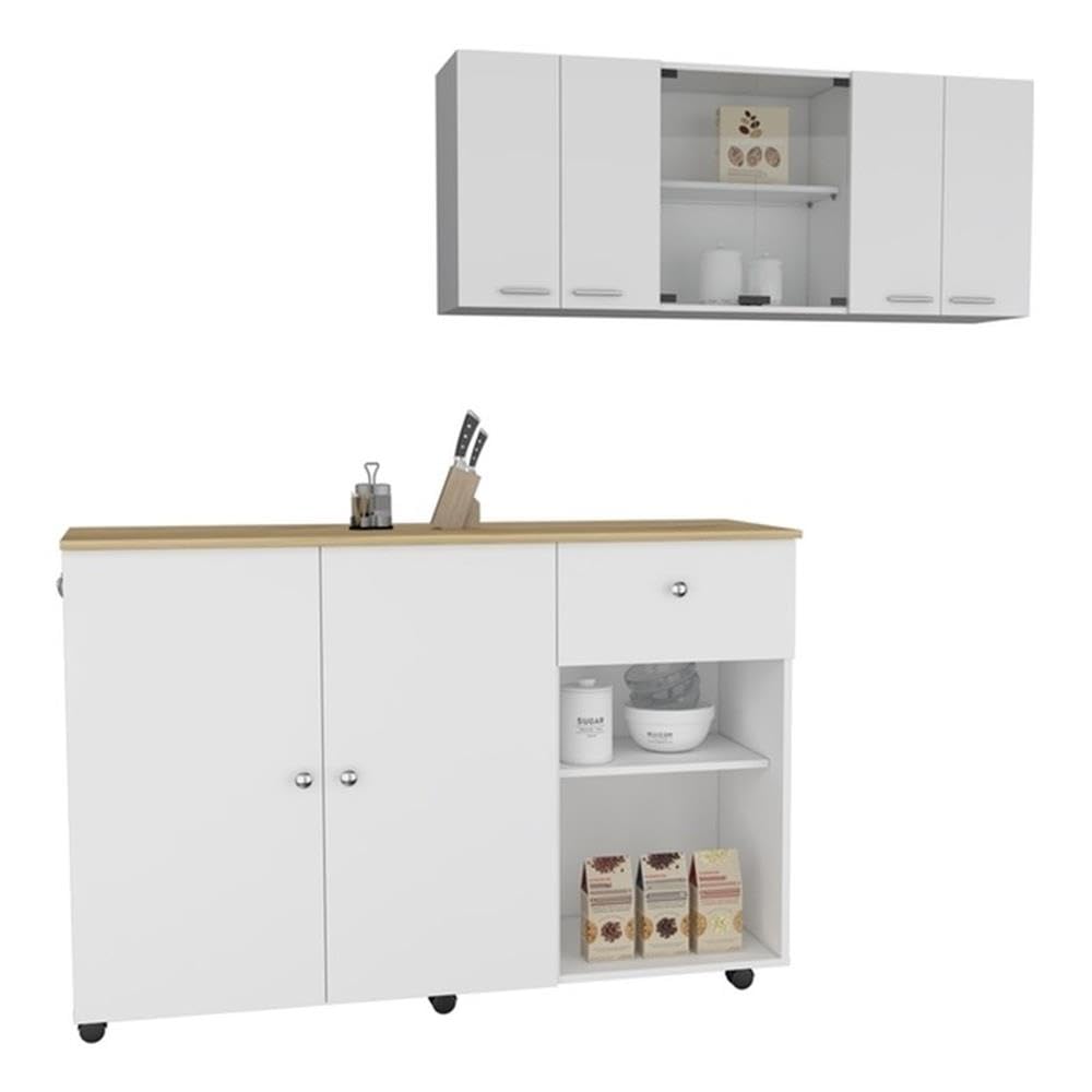 Tigard 2-Piece Kitchen Set With Kitchen Island And Upper Wall Cabinet, White/Light Oak